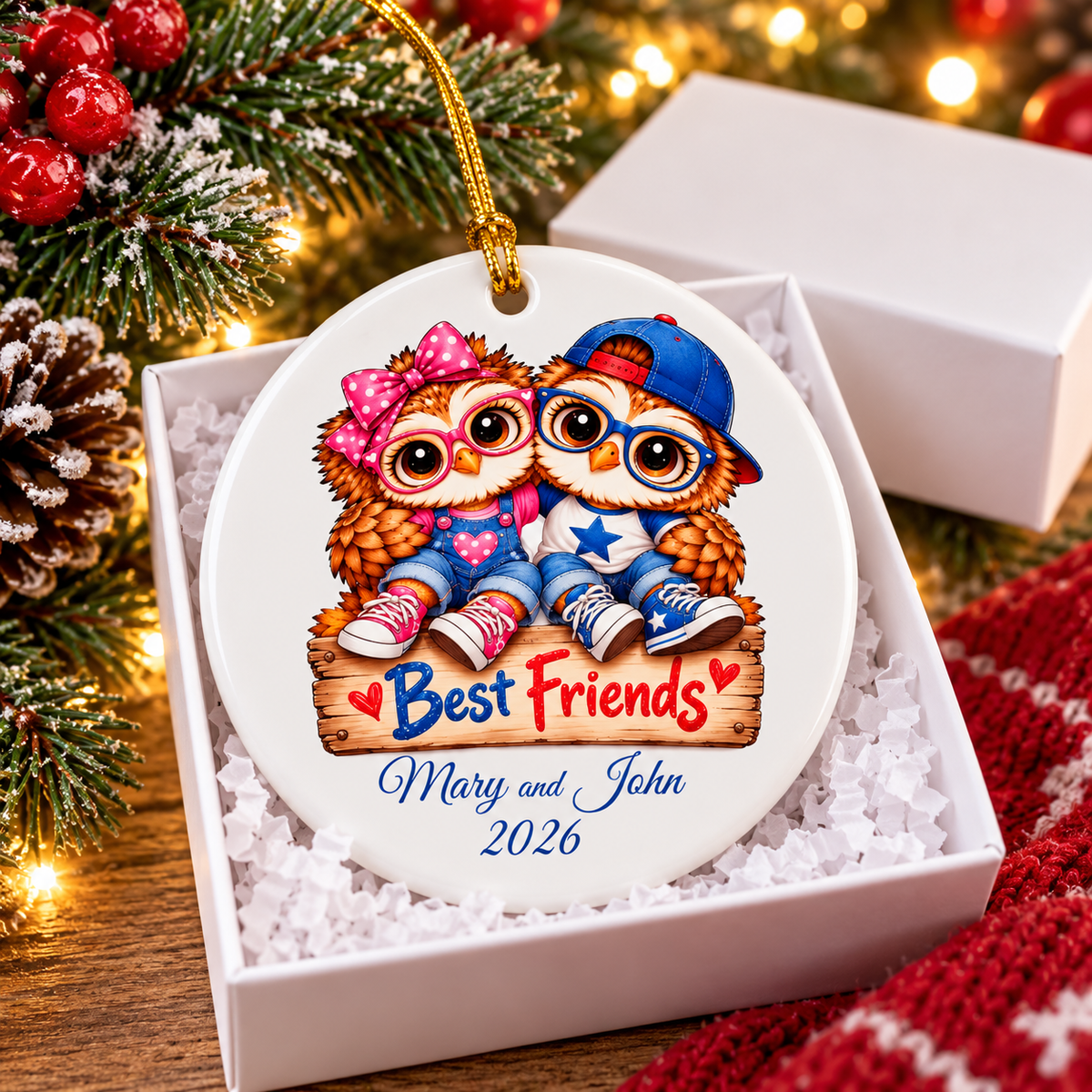 Personalized Best Friends Owl Ornament, Boy & Girl Best Friend Gift, Custom Names & Year Christmas Keepsake