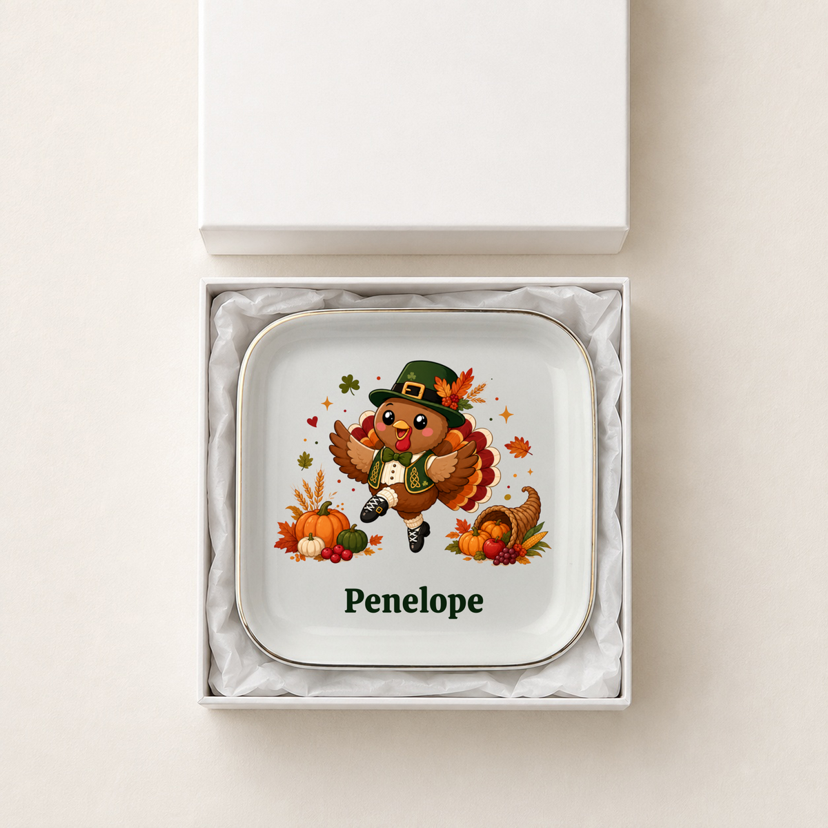 Personalized Thanksgiving Jewelry Dish, Irish Dancer Trinket Tray, Fall Harvest Ring Holder, Cute Autumn Hostess Gift