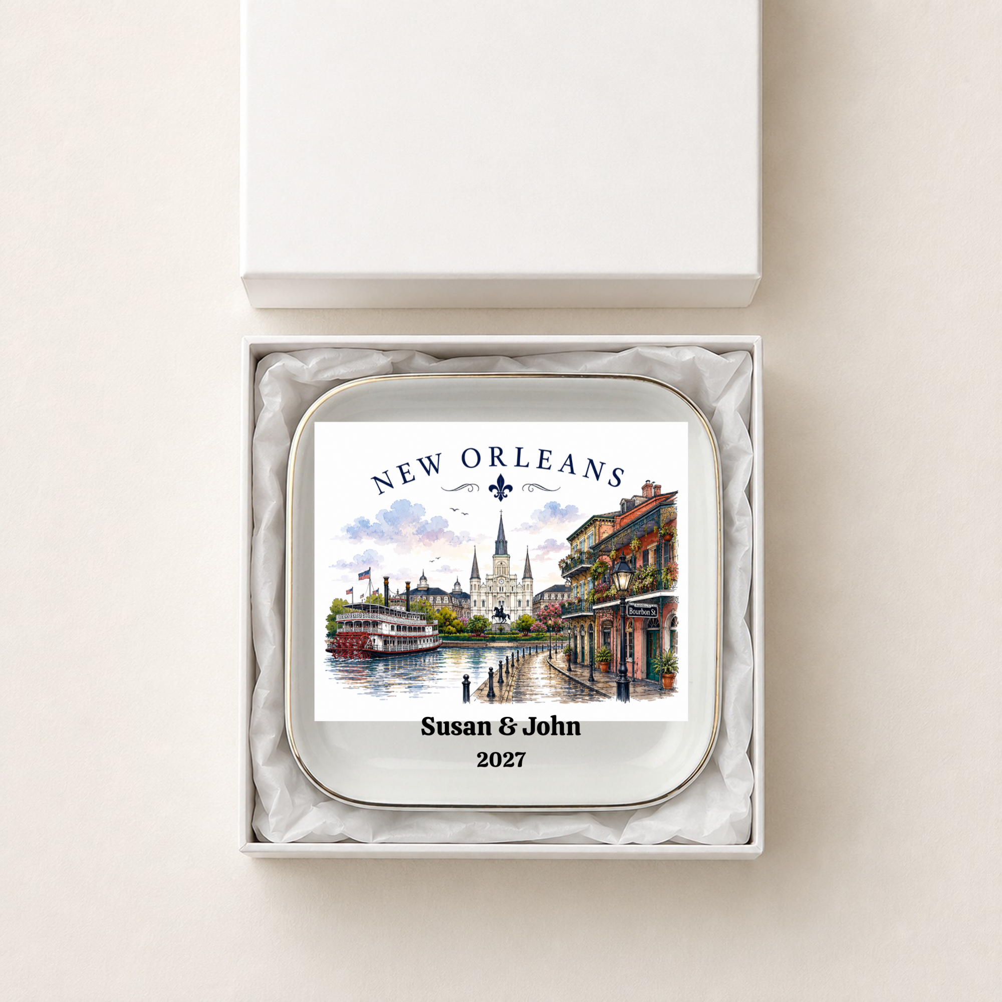 Peronalized New Orleans Jewelry Dish, Louisiana Keepsake Tray, Bourbon Street Trinket Dish, French Quarter Souvenir, Gift for Travelers and Locals