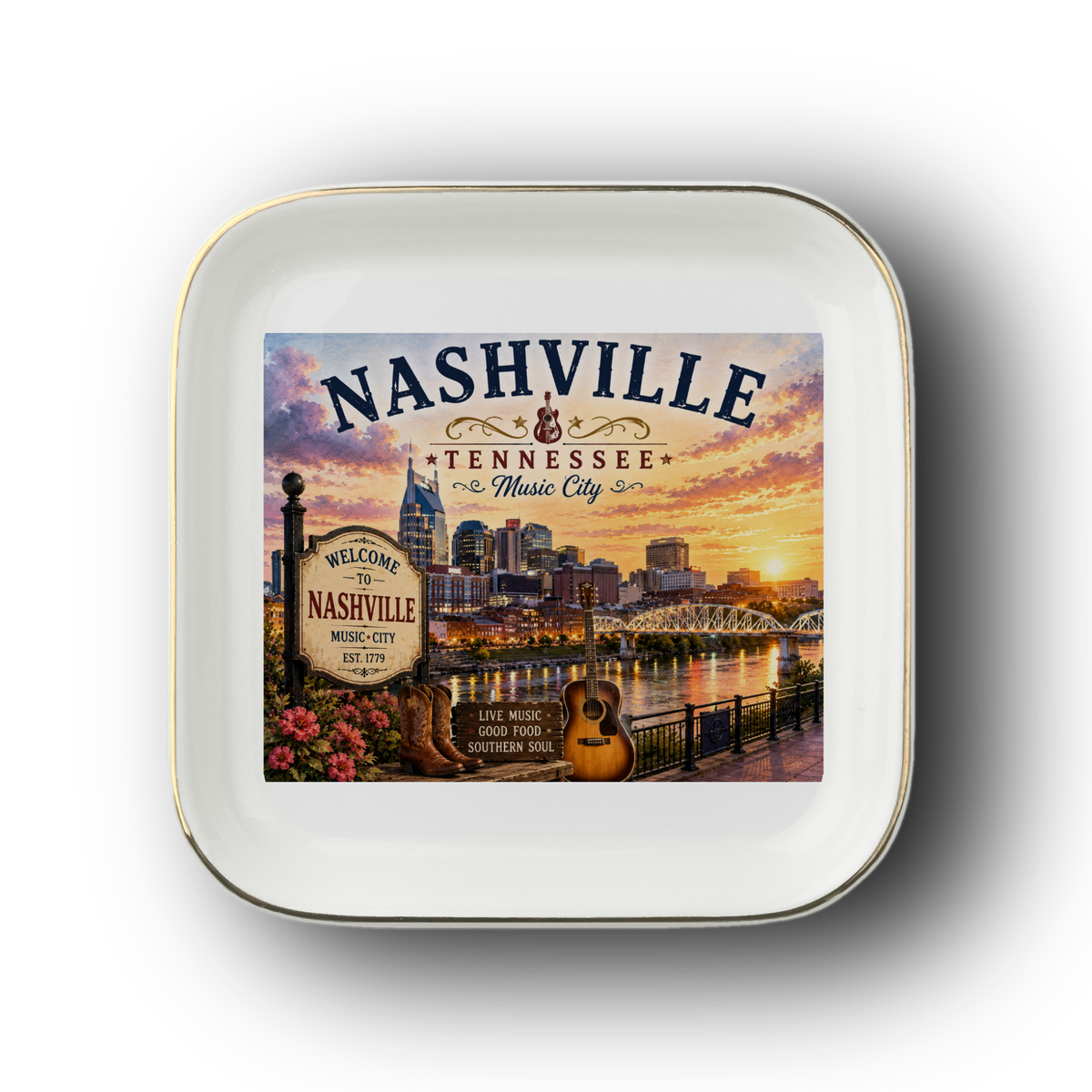 Nashville Tennessee Jewelry Dish, Music City Souvenir, Nashville Skyline Gift, Country Music Decor, Gold-Trimmed Ceramic Tray Gift