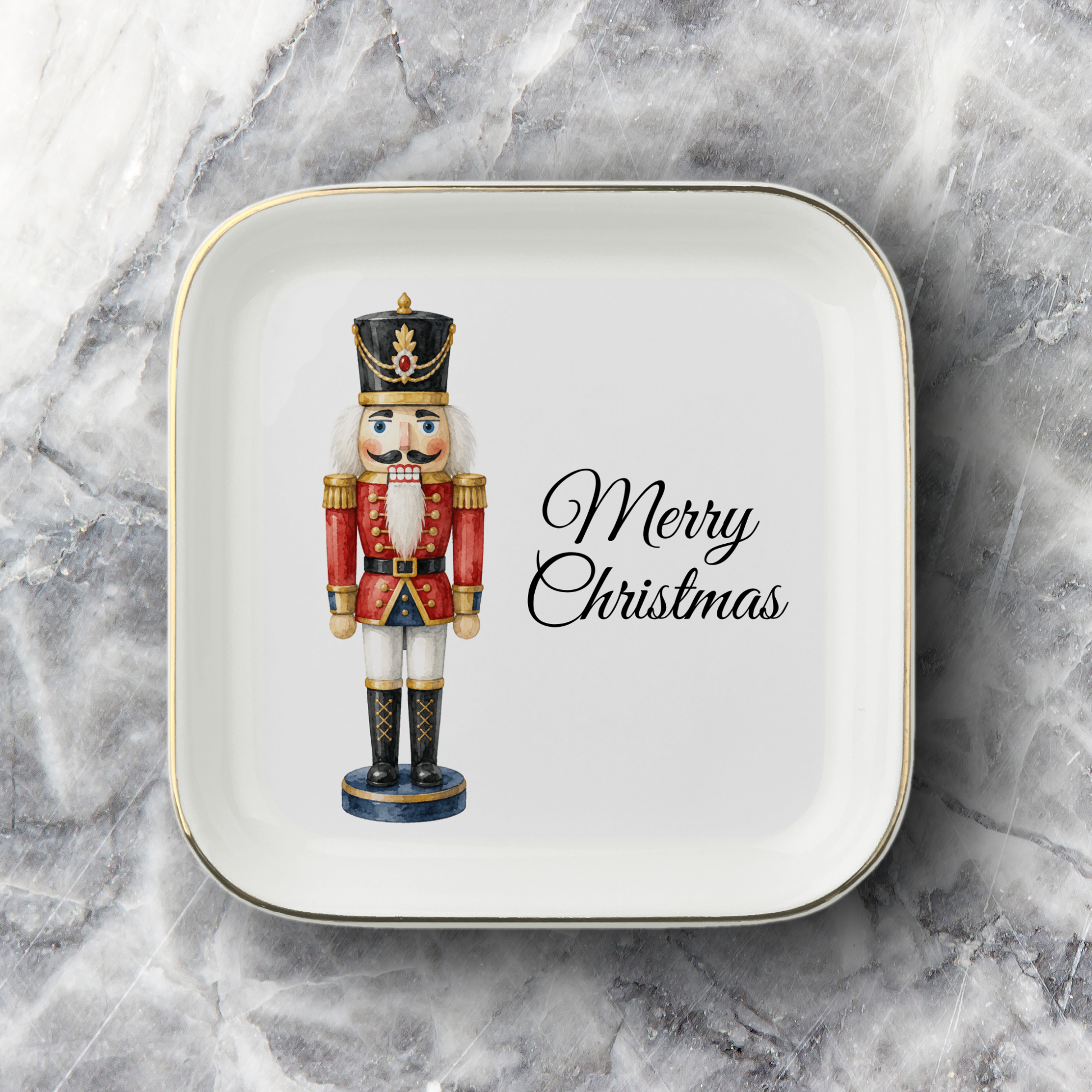 Nutcracker Christmas Jewelry Dish, Merry Christmas Trinket Tray, Gold Trim Ceramic Ring Holder, Holiday Gift for Nutcracker Lovers
