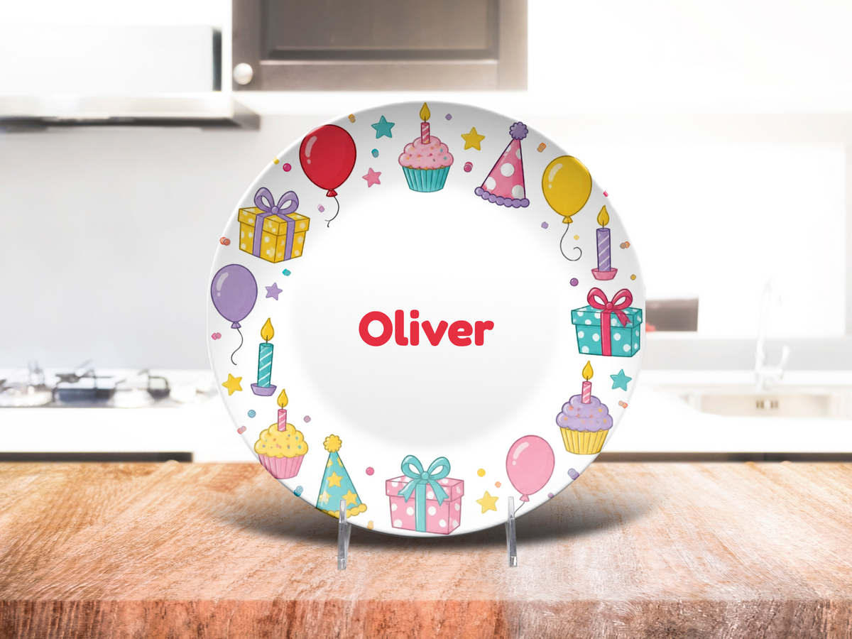 Kids Birthday Party Plate, Colorful Balloon and Gift Design, Unbreakable Personalized Kids Plate, Dishwasher Safe Party Tableware Gift