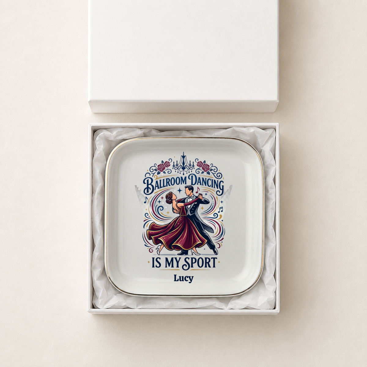 Personalized Ballroom Dancing Jewelry Dish, Dancer Gift, Dance Lover Tray, Ceramic Ring Holder, Ballroom Dance Decor, Gold Trim Keepsake Dish