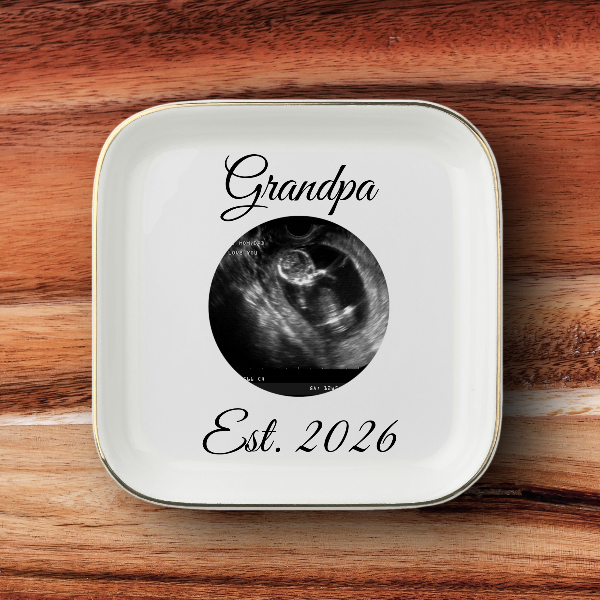 Personalized New Grandpa Gift, Pregnancy Announcement Keepsake, Est. 2026 Ultrasound Trinket Tray with Gift Box