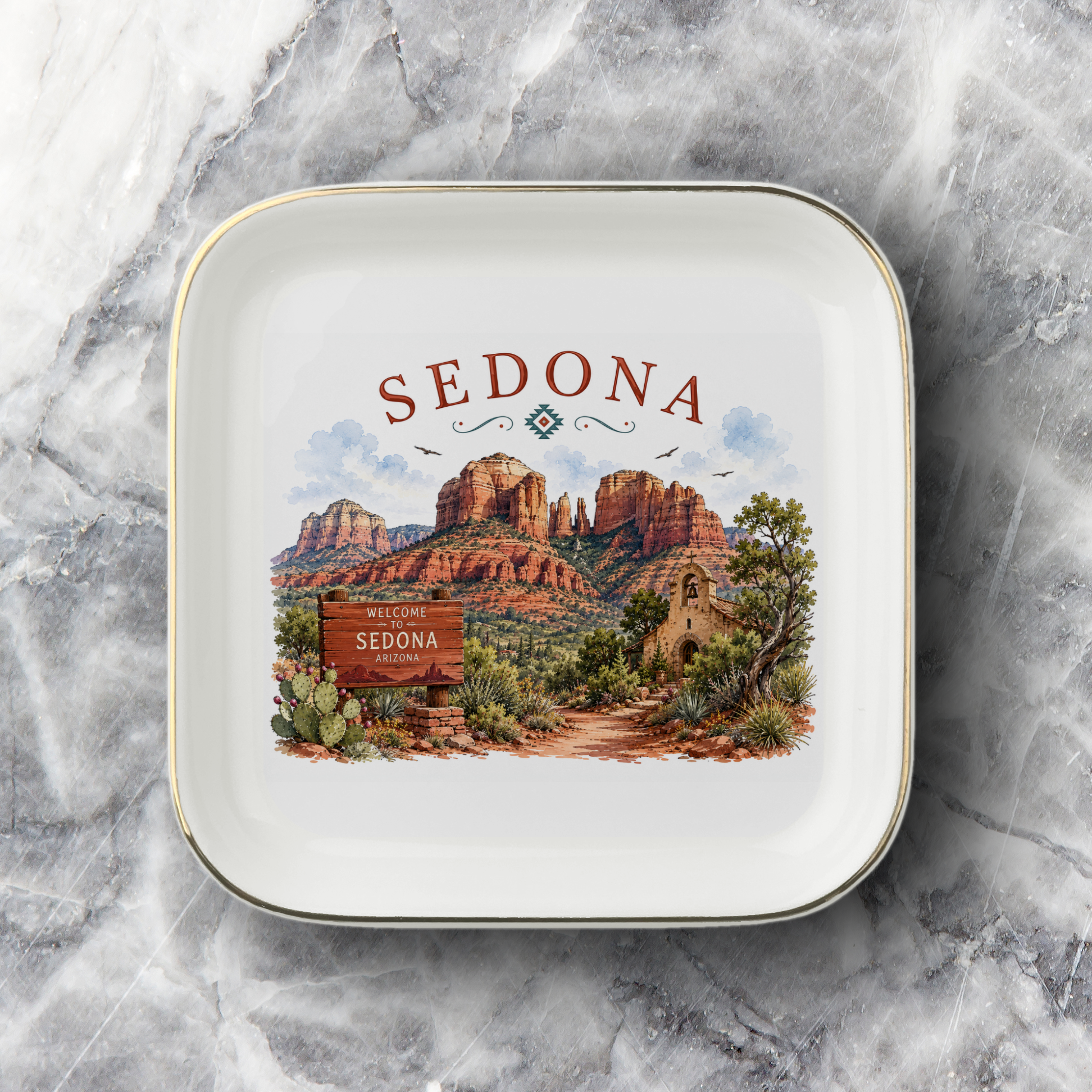 Sedona Arizona Jewelry Dish, Red Rock Desert Landscape Trinket Tray, Southwest Travel Keepsake, Gold-Trimmed Ceramic Catchall Dish