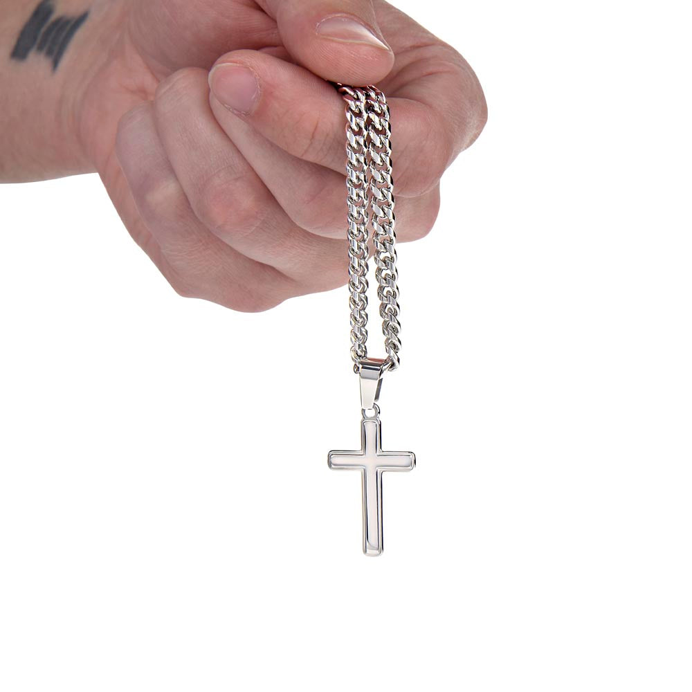Personalized Engraved Cross Necklace for Men, Cuban Link Chain