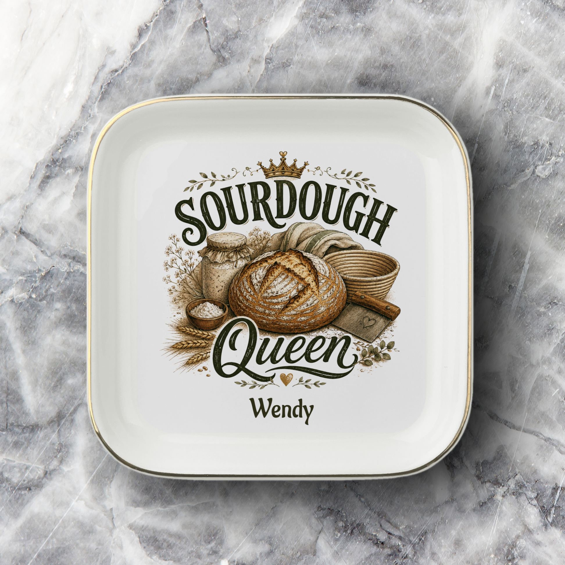 Sourdough Queen Jewelry Dish, Personalized Bread Baker Ring Dish, Ceramic Kitchen Decor, Sourdough Baking Gift