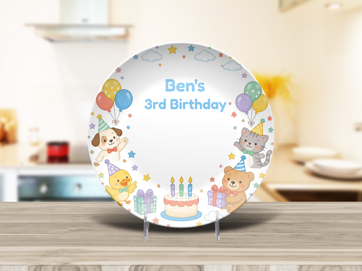 3rd Birthday Plate, Personalized Kids Party Gift, Animal Birthday Keepsake, Plate With Optional Stand, UNBREAKABLE – Not Ceramic