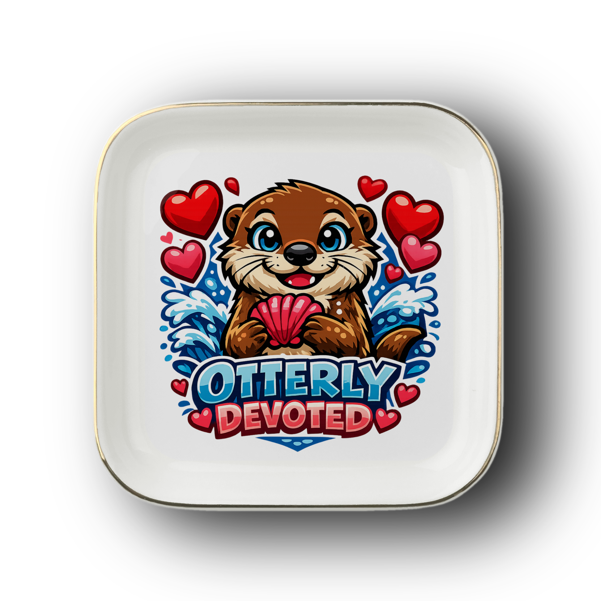 Otterly Devoted Jewelry Dish, Cute Otter Lover Gift, Romantic Heart Trinket Tray, Gold Trim Ceramic Keepsake Dish, Animal Lover Decor