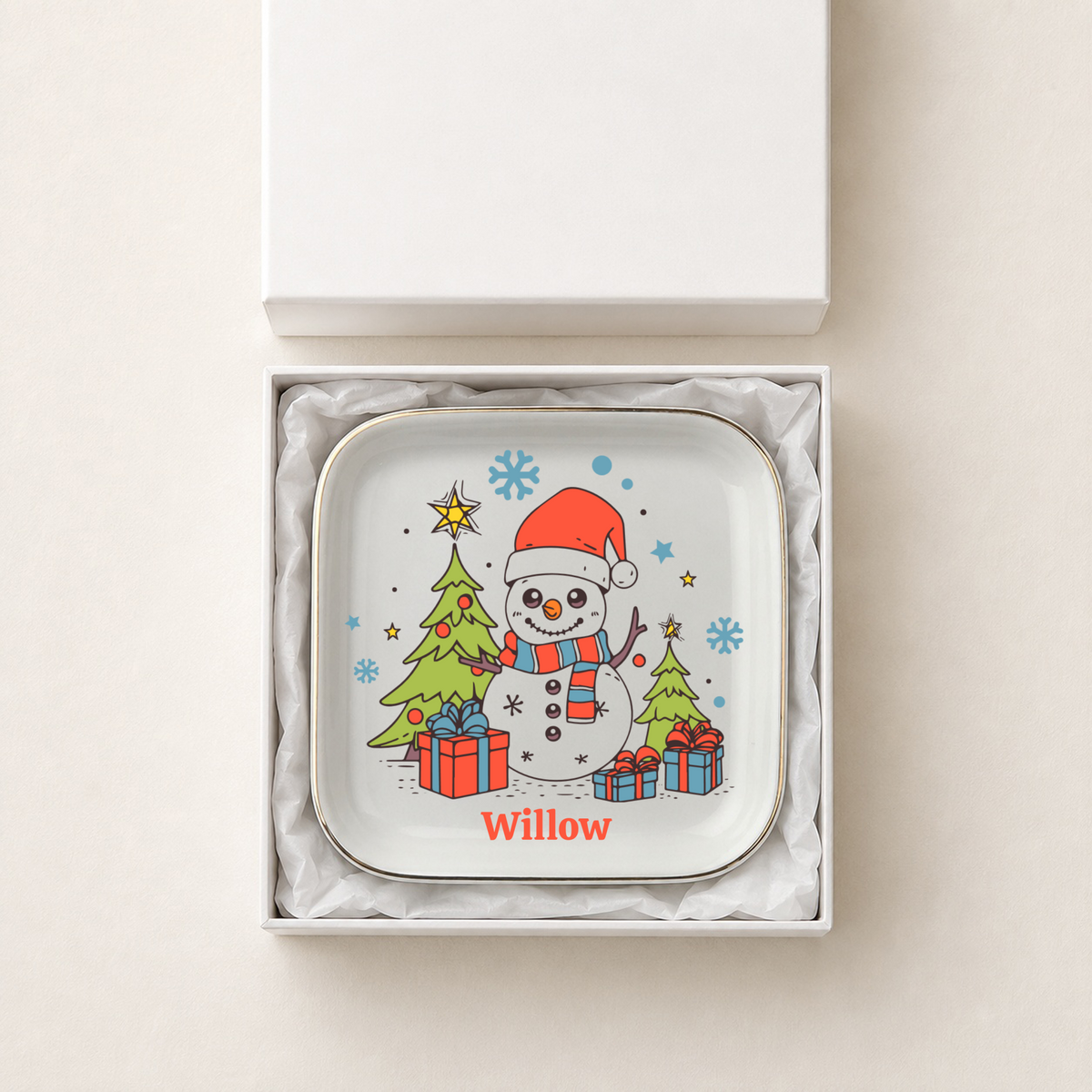 Personalized Christmas Jewelry Dish, Snowman Ring Holder, Winter Tree Trinket Tray, Holiday Gift Ceramic Dish