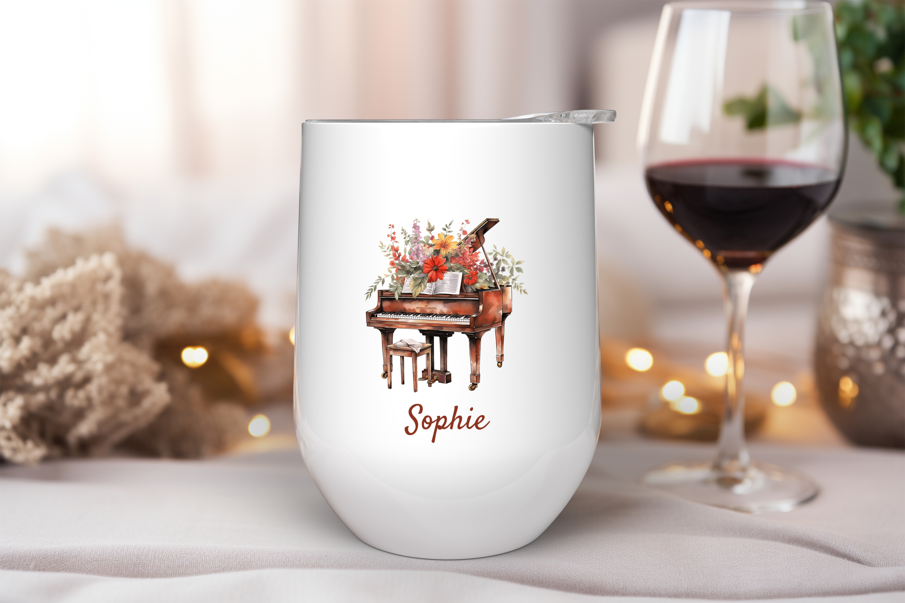 Personalized Grand Piano Wine Tumbler – 12oz Stainless Steel Cup, Insulated Music Lover Gift for Pianists, Teachers & Classical Fans
