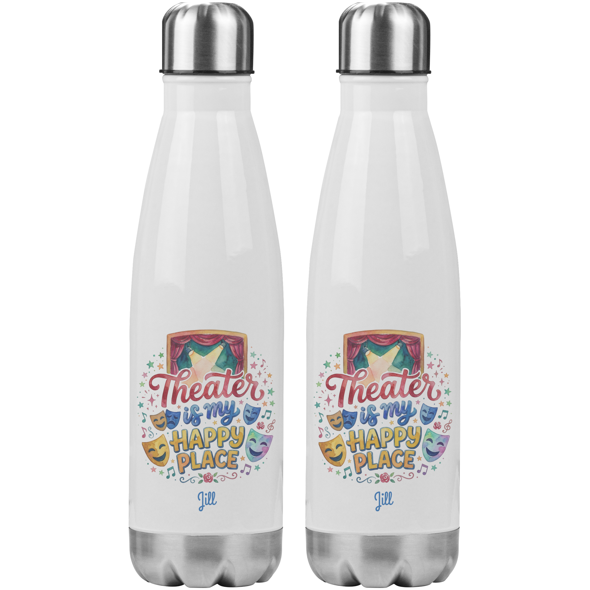 Personalized Theater Gift Insulated Water Bottle, Happy Place Design, 20oz Thermos, Eco-Friendly Stainless Steel, Reusable Drinkware, Spill Proof