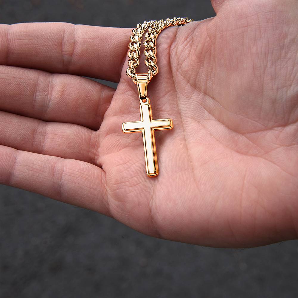 Personalized Engraved Cross Necklace for Men, Cuban Link Chain