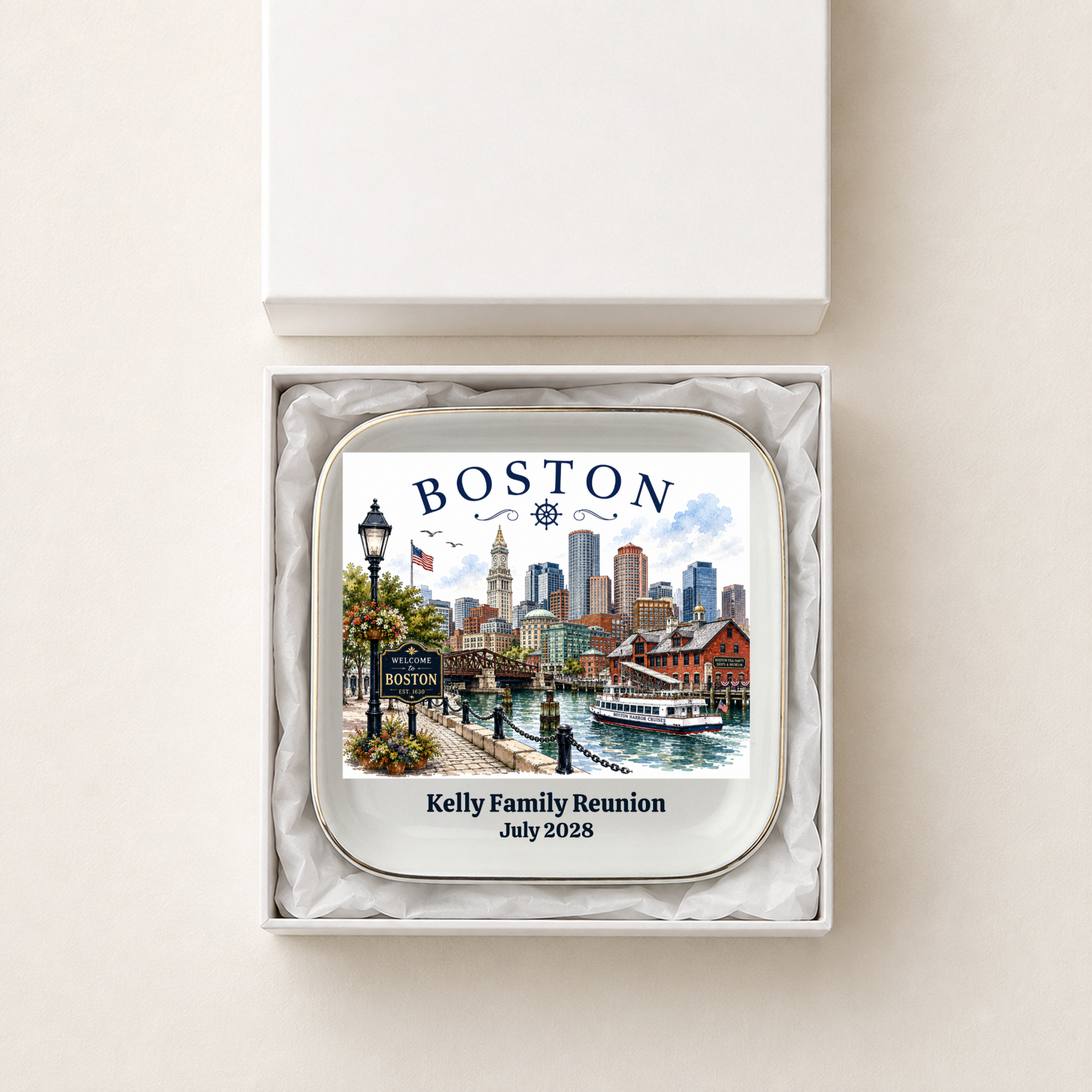 Personalized Boston Souvenir Jewelry Dish, Boston Harbor Trinket Tray, Massachusetts Travel Keepsake, Gift for Boston Lovers