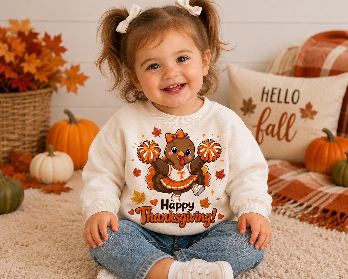 Toddler Thanksgiving Cheerleader Sweatshirt, Cheering Turkey Crewneck, Thanksgiving Shirt, Fall Cheer Gift, Turkey Cheer Sweater