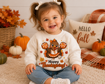 Toddler Thanksgiving Cheerleader Sweatshirt, Cheering Turkey Crewneck, Thanksgiving Shirt, Fall Cheer Gift, Turkey Cheer Sweater