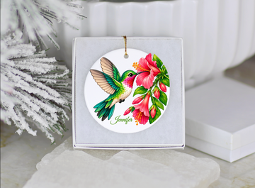 Personalized Hummingbird Ornament, Bird Lover Gift, Floral Hummingbird Keepsake, 3" Ceramic Ornament