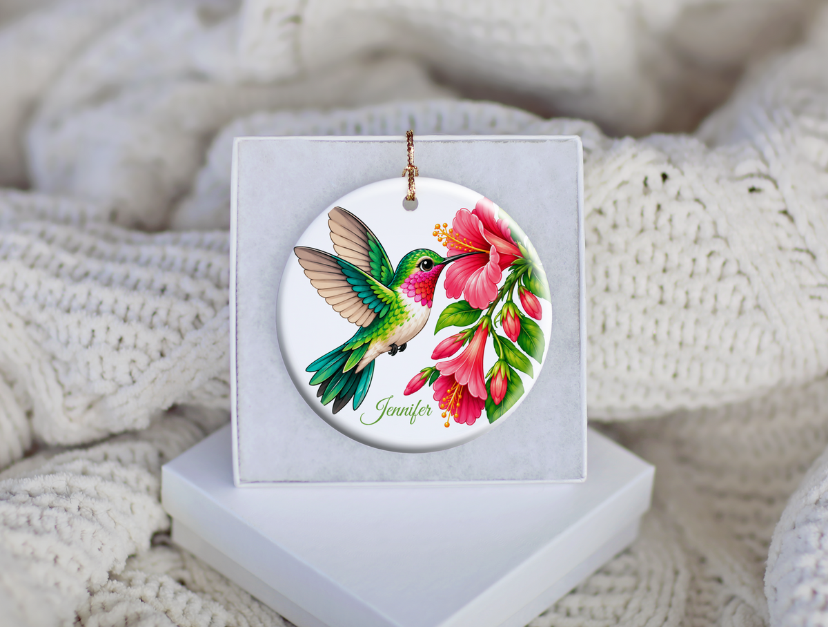 Personalized Hummingbird Ornament, Bird Lover Gift, Floral Hummingbird Keepsake, 3" Ceramic Ornament