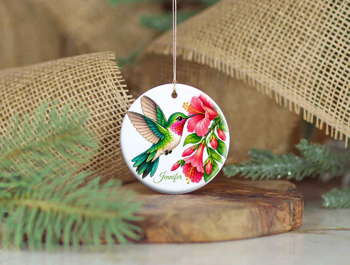 Personalized Hummingbird Ornament, Bird Lover Gift, Floral Hummingbird Keepsake, 3" Ceramic Ornament