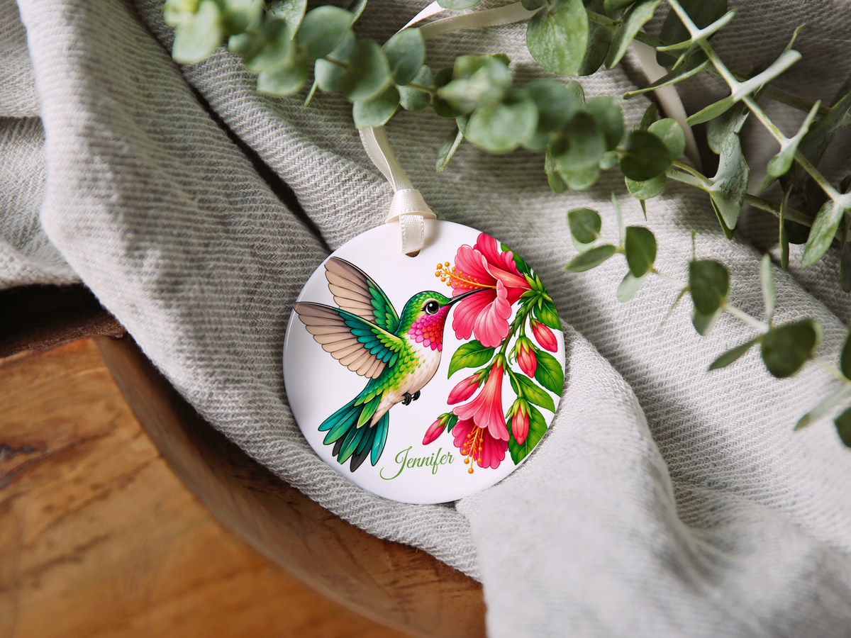 Personalized Hummingbird Ornament, Bird Lover Gift, Floral Hummingbird Keepsake, 3" Ceramic Ornament