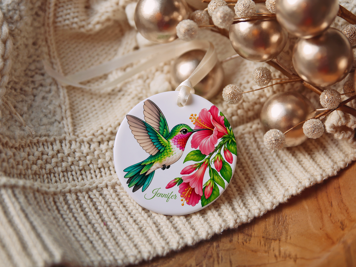 Personalized Hummingbird Ornament, Bird Lover Gift, Floral Hummingbird Keepsake, 3" Ceramic Ornament