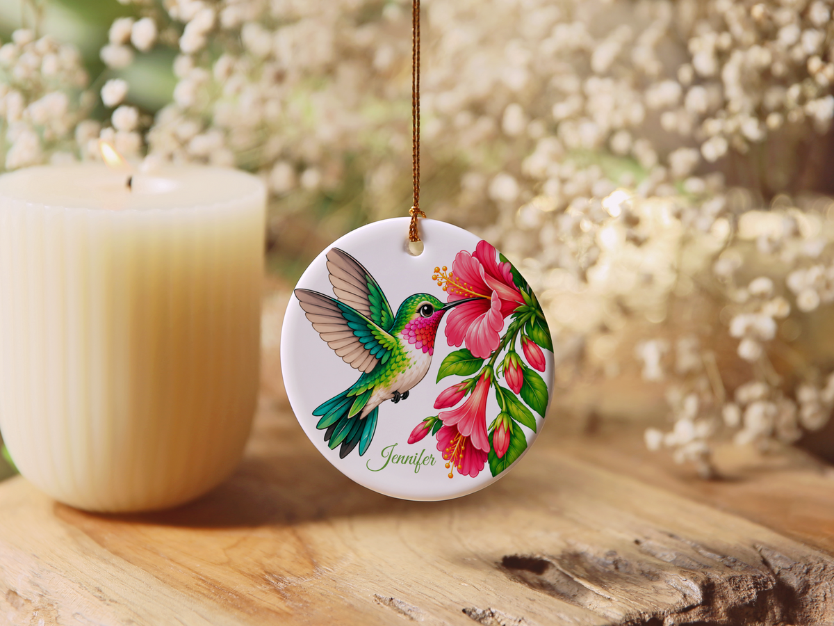Personalized Hummingbird Ornament, Bird Lover Gift, Floral Hummingbird Keepsake, 3" Ceramic Ornament