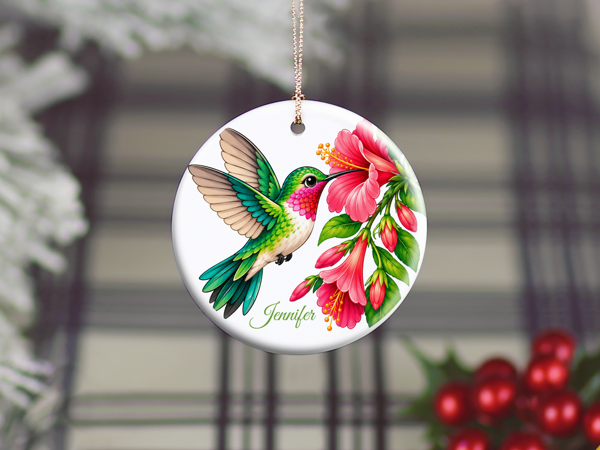Personalized Hummingbird Ornament, Bird Lover Gift, Floral Hummingbird Keepsake, 3" Ceramic Ornament