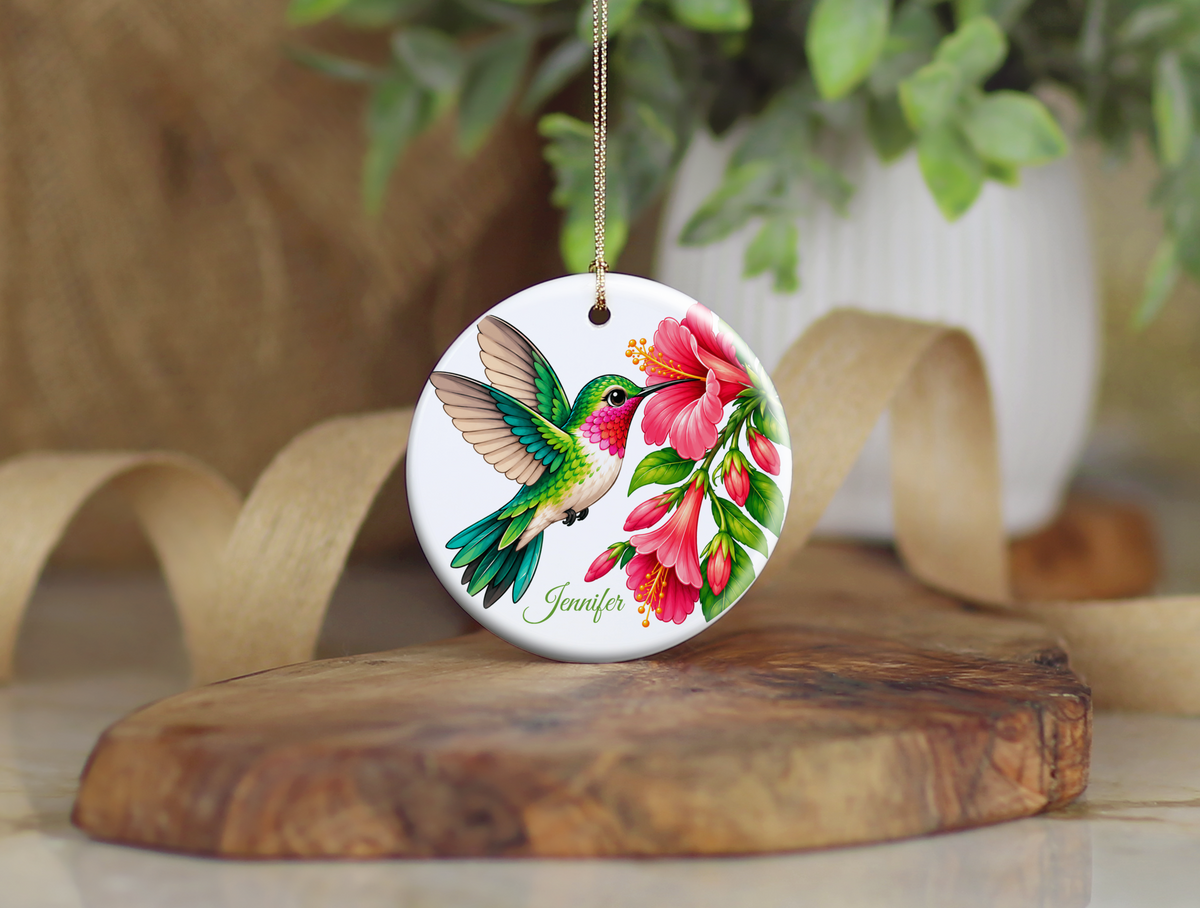 Personalized Hummingbird Ornament, Bird Lover Gift, Floral Hummingbird Keepsake, 3" Ceramic Ornament