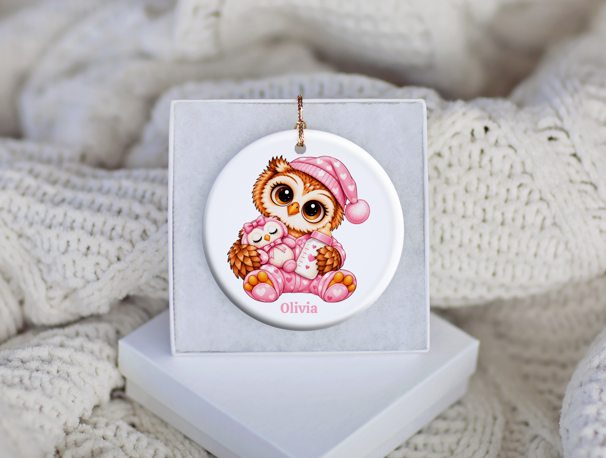 Personalized Baby Girl Owl Ornament, Custom Name Owl Christmas Gift, 3 " Ceramic Baby Keepsake