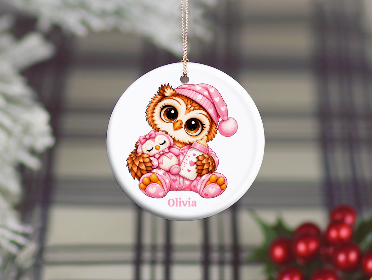 Personalized Baby Girl Owl Ornament, Custom Name Owl Christmas Gift, 3 " Ceramic Baby Keepsake