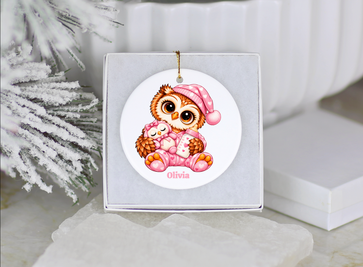 Personalized Baby Girl Owl Ornament, Custom Name Owl Christmas Gift, 3 " Ceramic Baby Keepsake
