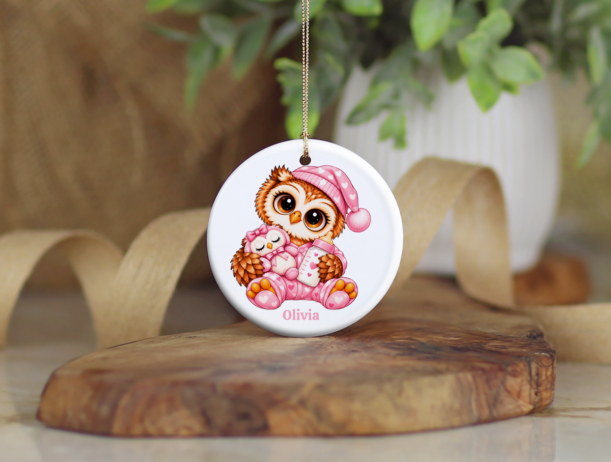 Personalized Baby Girl Owl Ornament, Custom Name Owl Christmas Gift, 3 " Ceramic Baby Keepsake