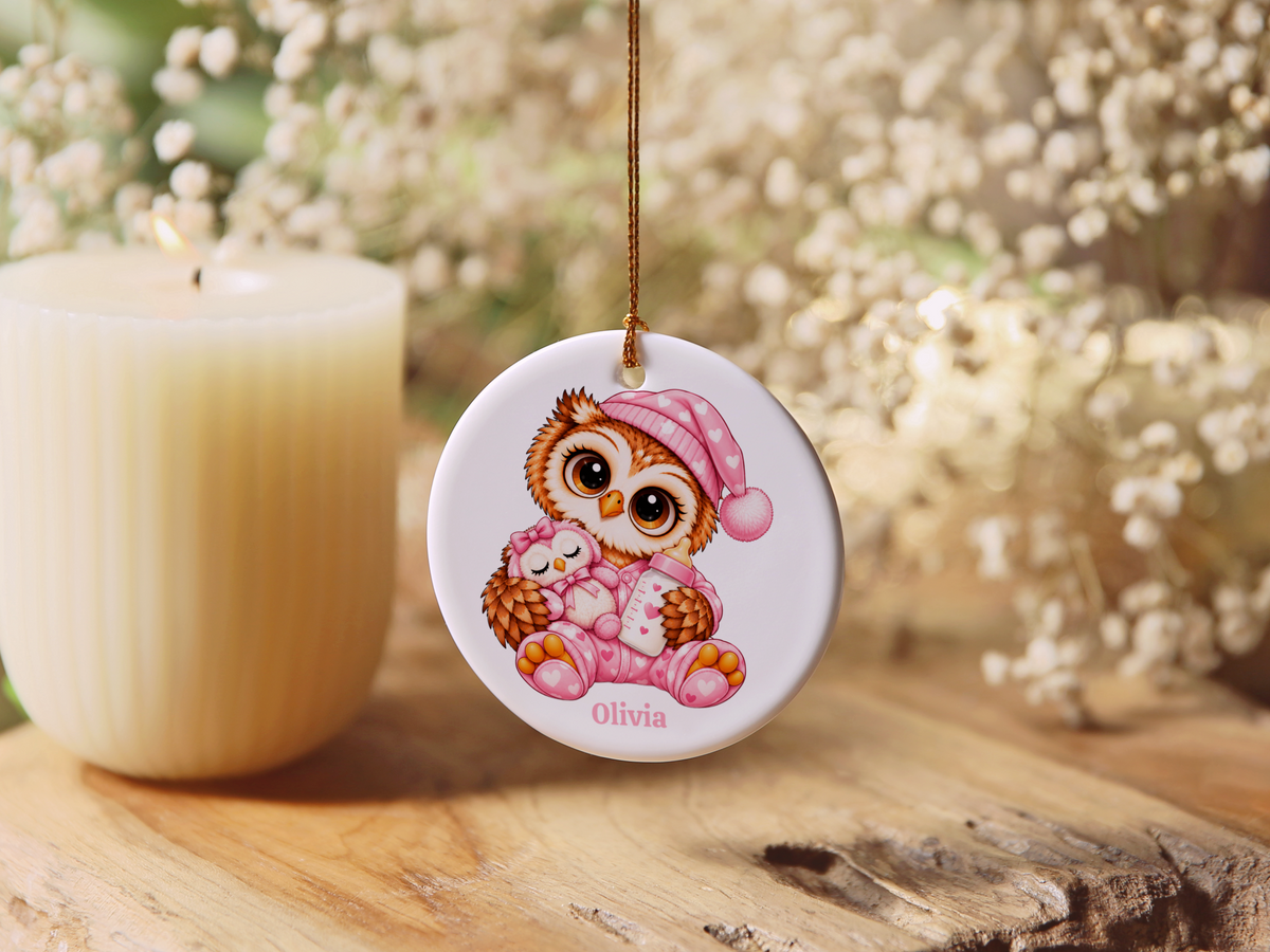Personalized Baby Girl Owl Ornament, Custom Name Owl Christmas Gift, 3 " Ceramic Baby Keepsake