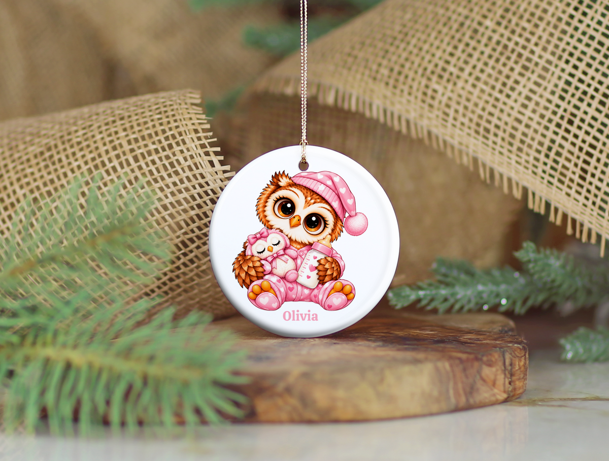 Personalized Baby Girl Owl Ornament, Custom Name Owl Christmas Gift, 3 " Ceramic Baby Keepsake