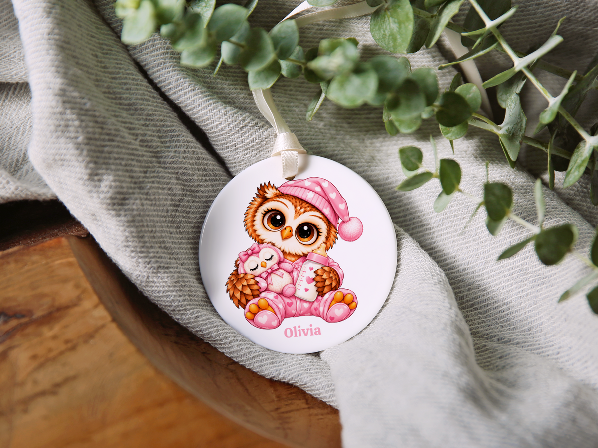 Personalized Baby Girl Owl Ornament, Custom Name Owl Christmas Gift, 3 " Ceramic Baby Keepsake