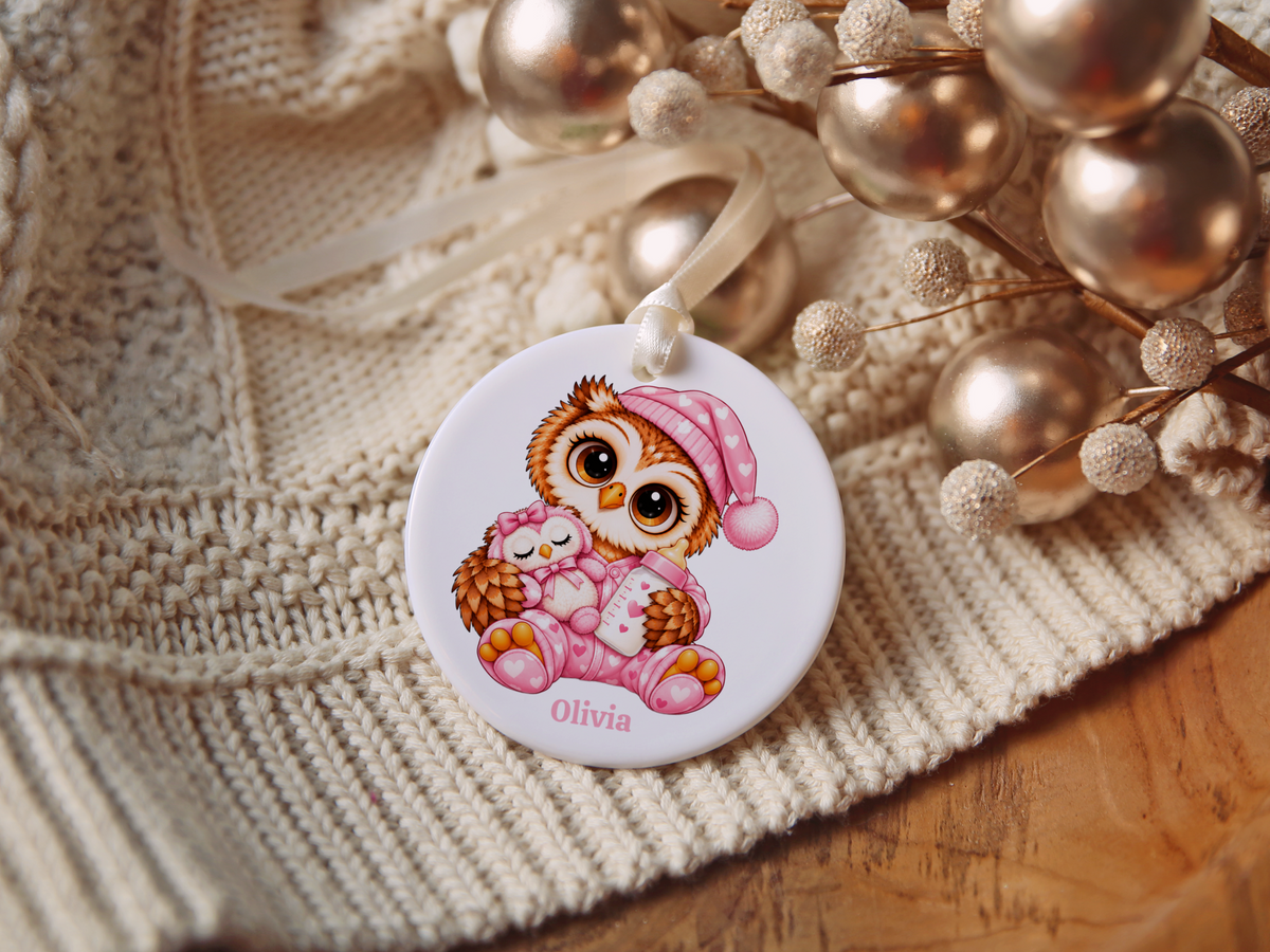 Personalized Baby Girl Owl Ornament, Custom Name Owl Christmas Gift, 3 " Ceramic Baby Keepsake