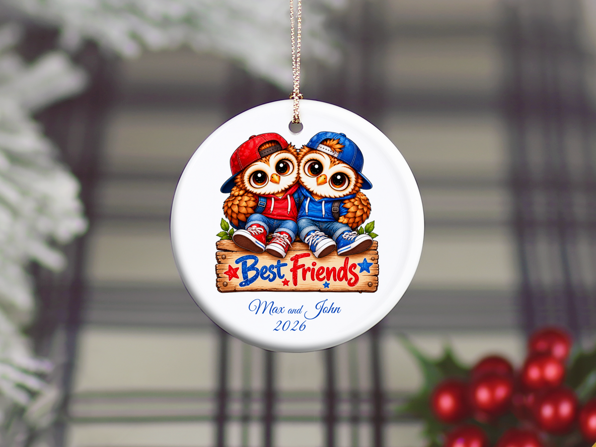 Personalized Best Friends Owl Ornament, Boys Friendship Gift, BFF Christmas Keepsake