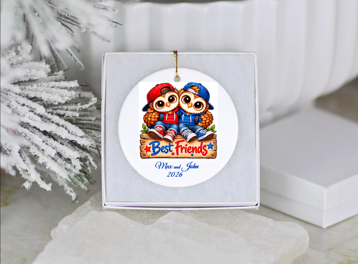 Personalized Best Friends Owl Ornament, Boys Friendship Gift, BFF Christmas Keepsake
