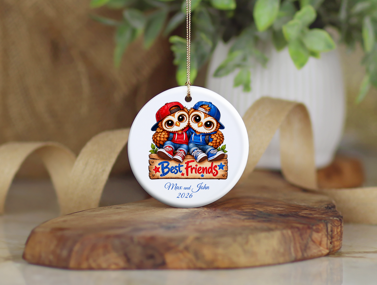 Personalized Best Friends Owl Ornament, Boys Friendship Gift, BFF Christmas Keepsake
