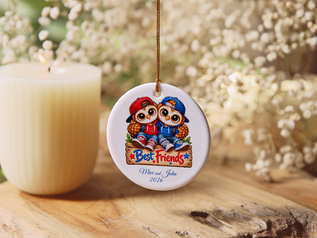 Personalized Best Friends Owl Ornament, Boys Friendship Gift, BFF Christmas Keepsake