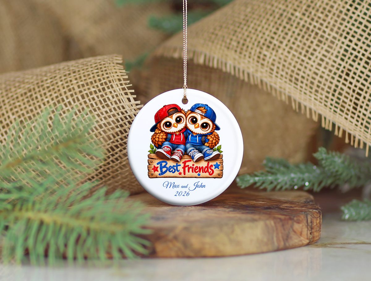Personalized Best Friends Owl Ornament, Boys Friendship Gift, BFF Christmas Keepsake
