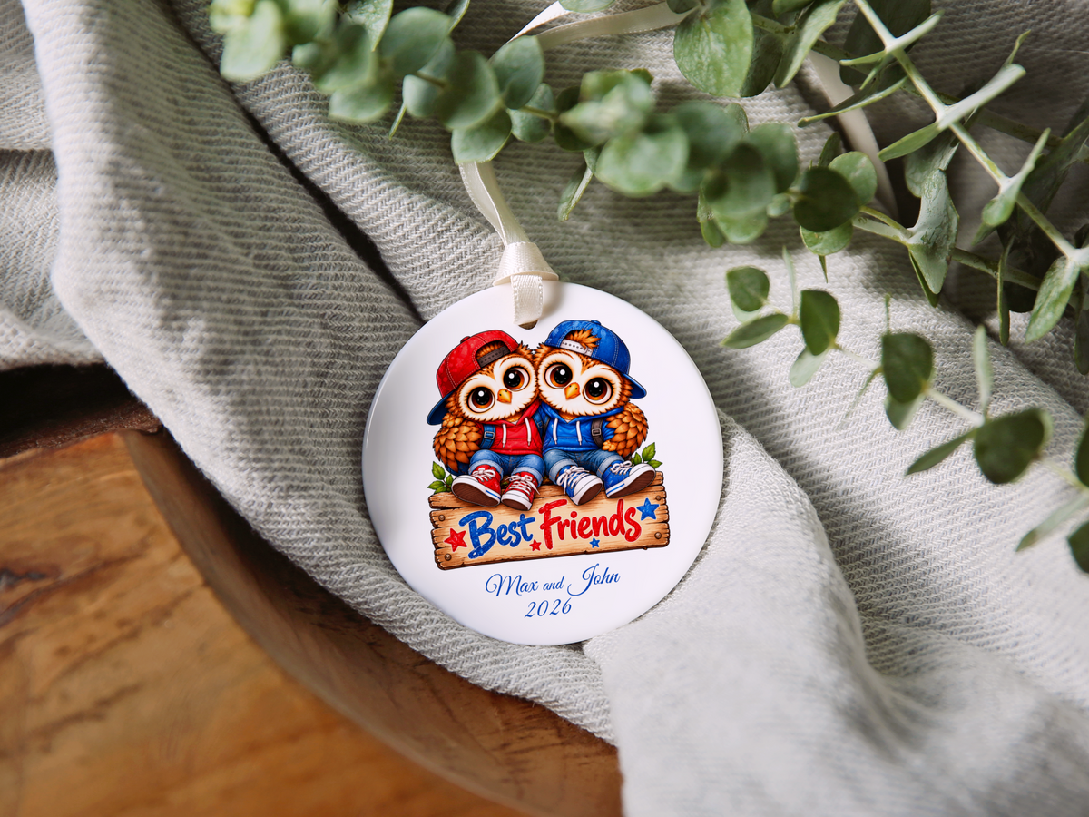 Personalized Best Friends Owl Ornament, Boys Friendship Gift, BFF Christmas Keepsake