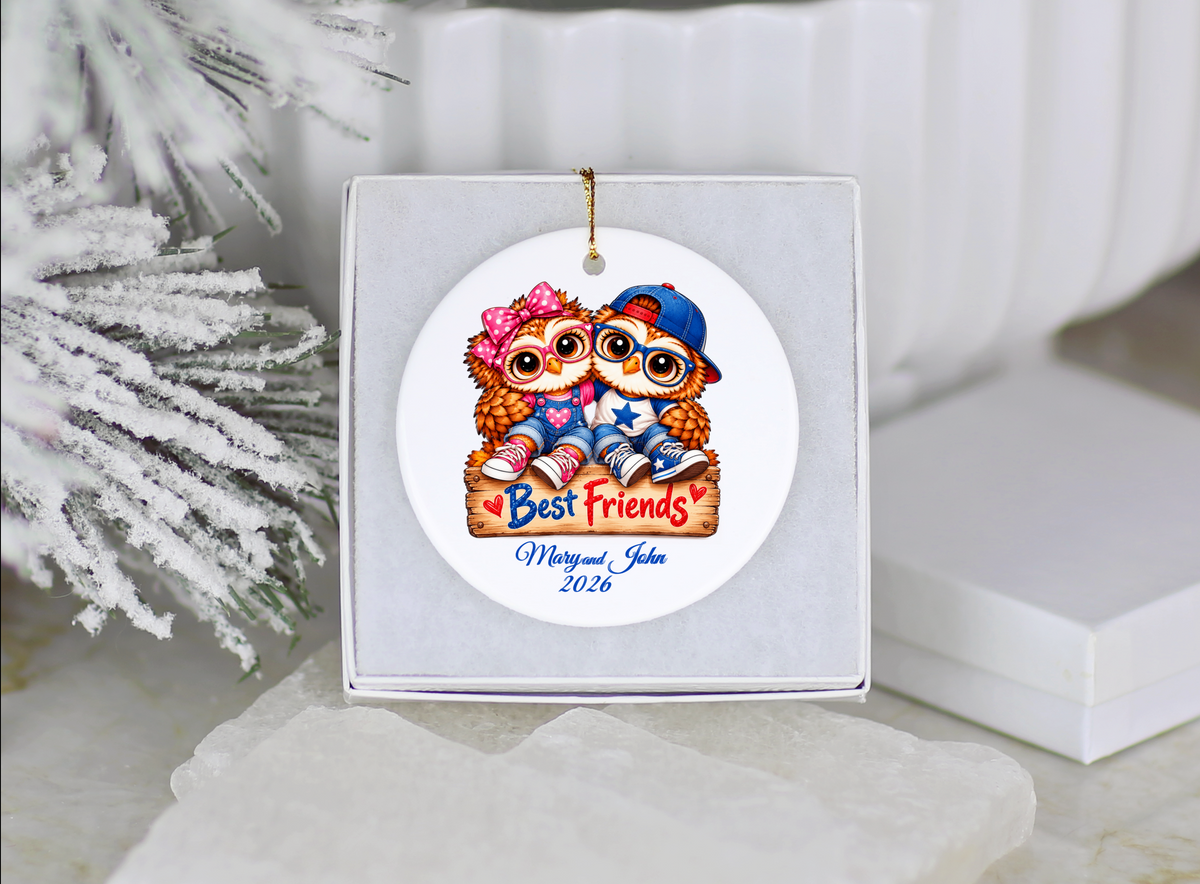 Personalized Best Friends Owl Ornament, Boy & Girl Best Friend Gift, Custom Names & Year Christmas Keepsake