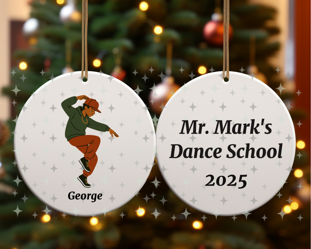 Personalized Hip Hop Dancer Ornament – 2-Sided Round Ceramic Keepsake with Name, School & Year – Dance Teacher or Student Gift