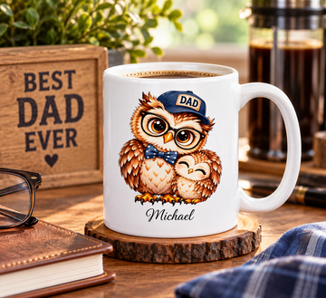 Personalized Dad Owl Mug, Father and Child Coffee Cup, Cute Owl Gift for Dad, Birthday, Christmas or Father's Day Present, 11oz or 15oz