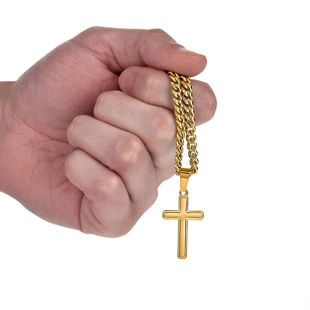 Personalized Engraved Cross Necklace for Men, Cuban Link Chain