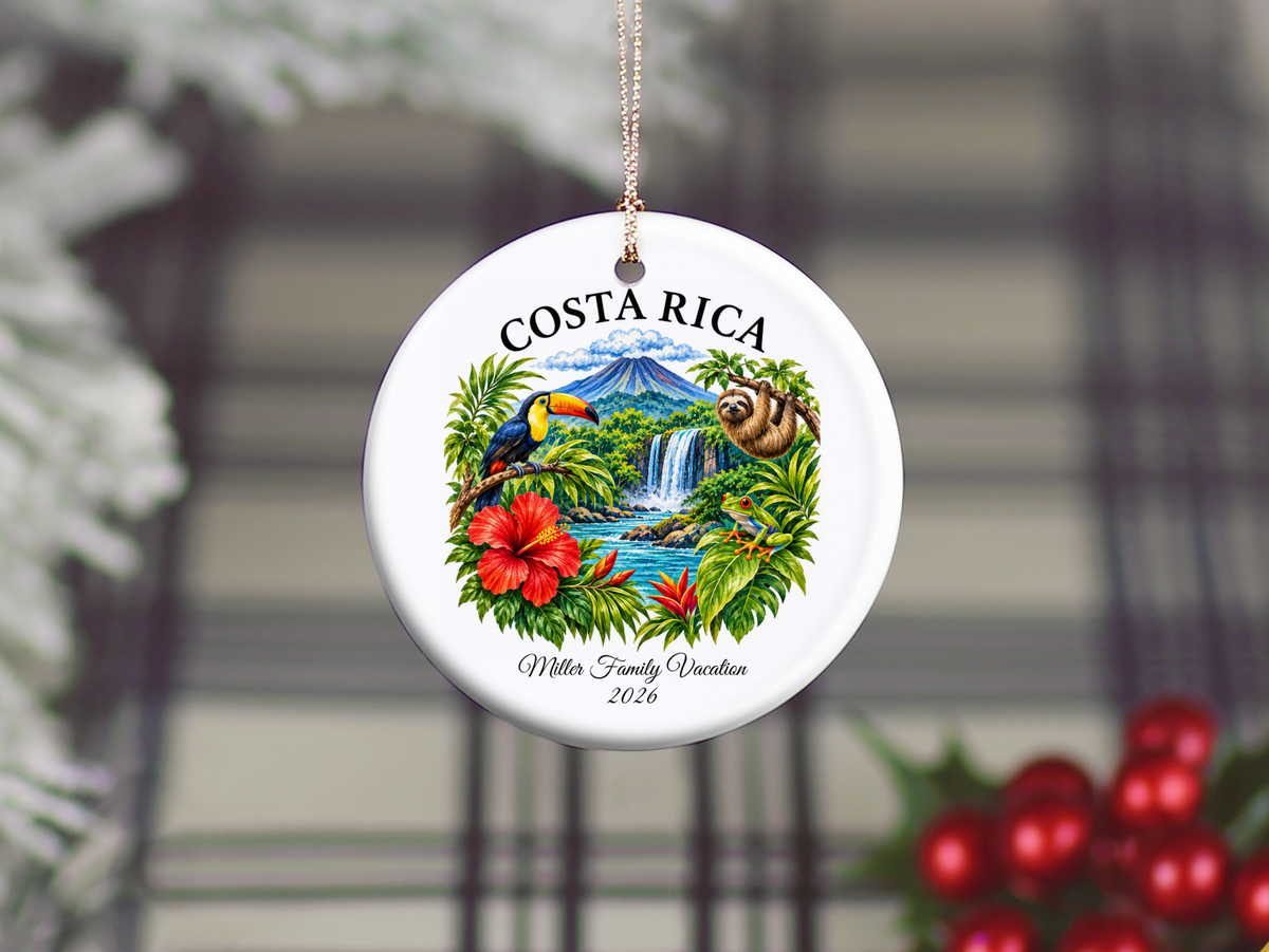 Costa Rica Vacation Ornament 2026, Tropical Travel Keepsake, Personalized Family Holiday Souvenir, Toucan Sloth Waterfall Decor Gift