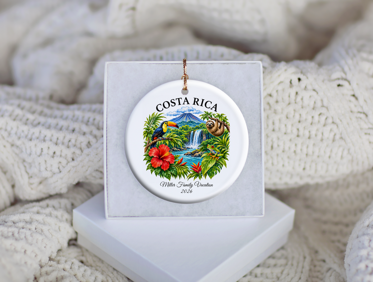 Costa Rica Vacation Ornament 2026, Tropical Travel Keepsake, Personalized Family Holiday Souvenir, Toucan Sloth Waterfall Decor Gift