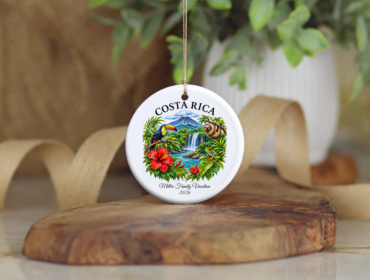 Costa Rica Vacation Ornament 2026, Tropical Travel Keepsake, Personalized Family Holiday Souvenir, Toucan Sloth Waterfall Decor Gift