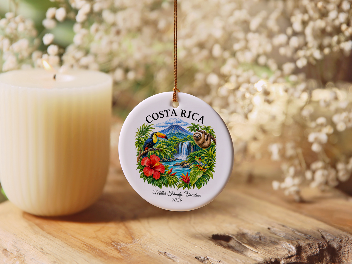 Costa Rica Vacation Ornament 2026, Tropical Travel Keepsake, Personalized Family Holiday Souvenir, Toucan Sloth Waterfall Decor Gift